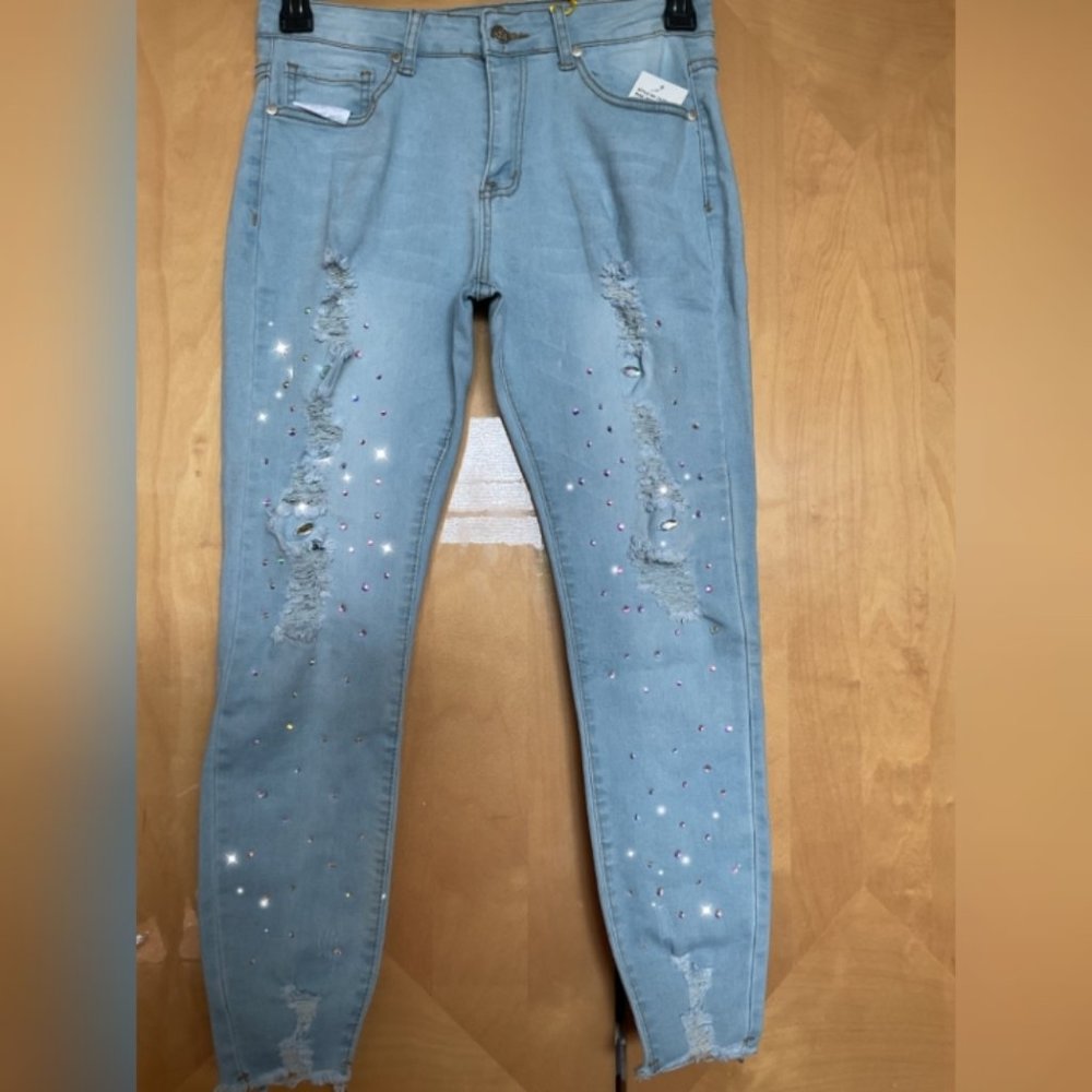 Blue jeans embellished Rhinestones